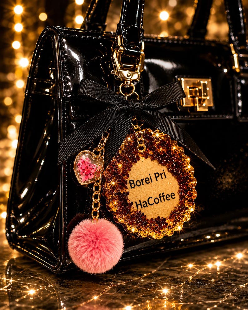 May include: A black patent leather handbag featuring a decorative keychain with a black ribbon bow, a pink pom-pom, a heart-shaped charm with pink flowers, and a circular gold-toned glitter pendant with the text Borei Pri HaCoffee.