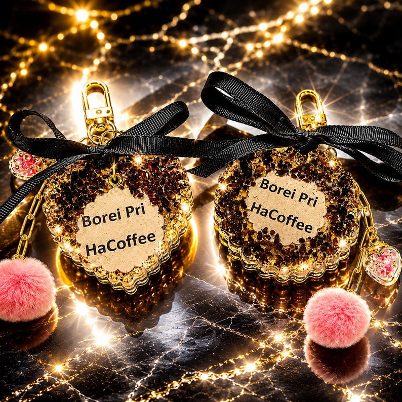 May include: Two circular keychains featuring gold-tone metal hardware, black ribbon bows, and pink faux fur pom-poms. Each keychain has a central beige scalloped tag printed with the text Borei Pri HaCoffee, surrounded by sparkling amber-colored crystals.