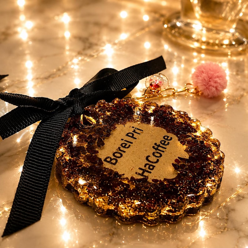 May include: A circular resin ornament with a scalloped edge, featuring dark brown and gold glitter embedded within the material. The center has a beige inset with the black text Borei Pri HaCoffee. A black ribbon bow and a small pink pom-pom are attached.