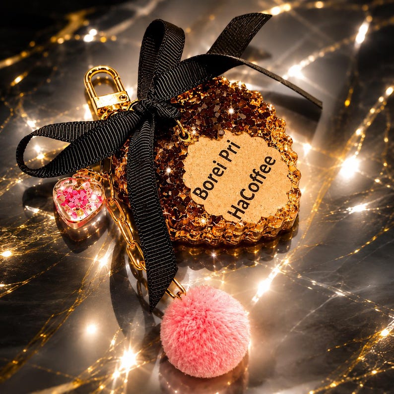 May include: A heart-shaped keychain featuring a brown, textured surface with the text Borei Pri HaCoffee. It is adorned with a black ribbon bow, a gold metal clasp, a small heart charm filled with pink glitter, and a soft, round pink pom-pom.