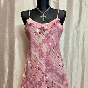 Vintage  Y2k Pink Floral Ruffle Trim Cami Dress Size S