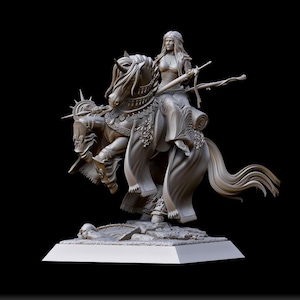 May include: A detailed sculpture of a woman riding a horse, both adorned in ornate armor and flowing garments. The sculpture features intricate details, including weapons and decorative elements. The base of the sculpture has a skull and a rectangular platform.