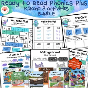 May include: A bundle of educational materials for early readers. The image shows several worksheets with phonics activities, including word tracing, sight word identification, and word building exercises. Colorful illustrations and the text "Ready to Read Phonics Plus" are visible.