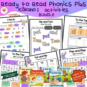 May include: A bundle of educational worksheets for early readers. The worksheets feature activities like coloring words, tracing, and sight word recognition. The bundle includes approximately 35 worksheets from 5 books, with colorful illustrations and text.