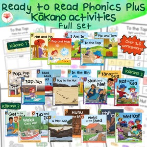 以下が含まれることがあります： カラフルなイラストが特徴の子供向けフォニックスブックのコレクションです。「Ready to Read Phonics Plus Kākano activities Full set」と題されています。表紙には「Nat and Pip」や「Pop and Mop」などの画像とタイトルが掲載されています。