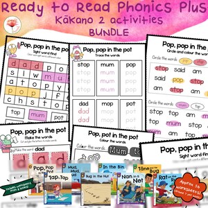 May include: A bundle of educational worksheets and books for early literacy. The worksheets feature activities like tracing, coloring, and word recognition. The books have colorful illustrations and titles like "Pop, Pop in the Pot" and "Bug in the Hut". The bundle includes approximately 56 worksheets.
