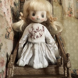 Spooky Ob11 Doll Dress: Embroidered &#39;Wanna Play&#39; Aged Outfit