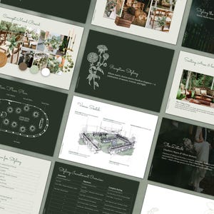 Peut inclure: Plusieurs documents de planification d'événements, dont un mood board conceptuel, un plan d'étage de réception et une esquisse du lieu. Les documents présentent du texte et des illustrations sur un fond vert foncé et crème, présentant des idées de style d'événement.