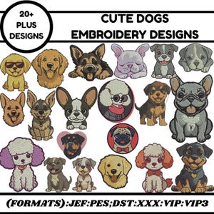 Puede incluir: Una colección de diseños de bordado de perros lindos. La imagen presenta varias razas de perros en estilo de dibujos animados, con el texto "CUTE DOGS EMBROIDERY DESIGNS" y "20+ PLUS DESIGNS". Los formatos de bordado se enumeran en la parte inferior.