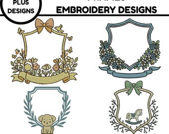 Maskinbroderidesign med blommig vapensköld, bunt med björnram, broderimonogram, lagervapensköld, ramdesign i 3+ storlekar, direktnedladdningsbara filer