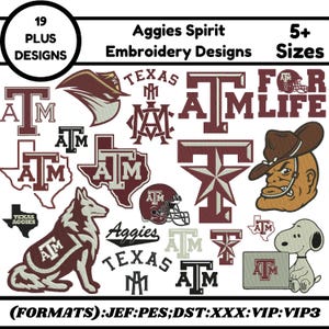 Peut inclure: Une collection de 19 motifs de broderie Aggies Spirit en 5+ tailles, avec des logos marron et blanc, le monogramme ATM de Texas A&M, une mascotte, un casque de football, un chien et Snoopy. Texte : Aggies Spirit, Texas, For Life.