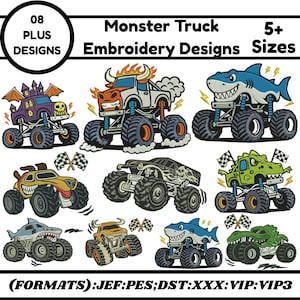 Puede incluir: Imagen con ocho diseños de bordado de monster trucks coloridos. Los diseños incluyen camiones con temática de calavera, tiburón, toro y cocodrilo. El texto incluye "08 PLUS DESIGNS", "Monster Truck Embroidery Designs 5+ Sizes" y formatos de archivo de bordado.
