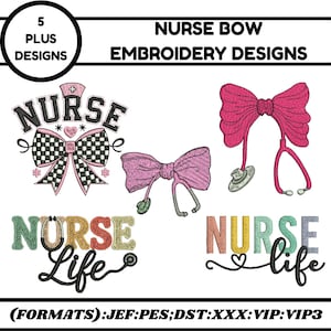 Puede incluir: Diseños de bordado con temática de enfermería, que incluyen un lazo rosa con un estetoscopio y las palabras "Nurse Life". Los diseños están disponibles en formatos como JEF, PES y DST. La imagen también muestra un lazo con un patrón de cuadros.
