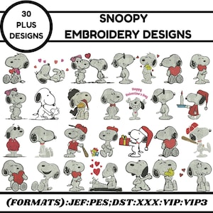 Può includere: Una collezione di ricami di Snoopy. L'immagine presenta varie illustrazioni di Snoopy in diverse pose, alcune con cuori o regali. Il testo include "30 PLUS DESIGNS" e "SNOOPY EMBROIDERY DESIGNS". Formati: JEF, PES, DST, XXX, VIP, VIP3.