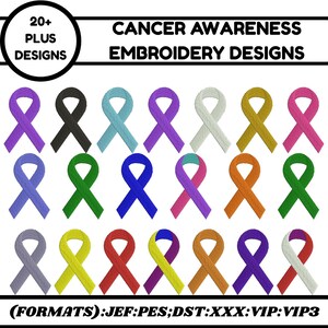 Puede incluir: Una colección de cintas de concienciación coloridas en varios tonos, incluyendo morado, rosa y verde. La imagen presenta el texto "CANCER AWARENESS EMBROIDERY DESIGNS" y "20+ PLUS DESIGNS". Las cintas están dispuestas en filas.