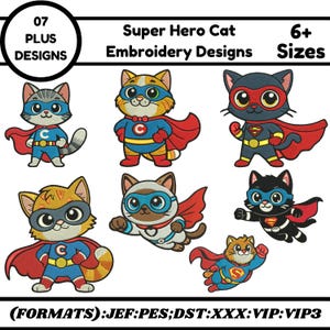 Super Held Katze Maschinenstickerei, Raum Kätzchen mit Jetpack Muster, Instant Download 5 + Größen Floral Katze Applikation digitaler Download