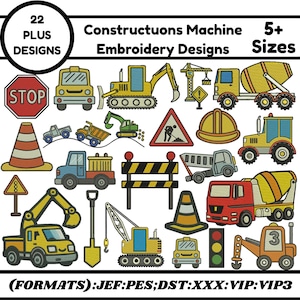 ミニ建設機械刺繍デザイン トラック、ダンプトラック、フロントローダー、ショベルカー、キャップ、ミニ刺繍バンドル 5+サイズ ダウンロードファイル