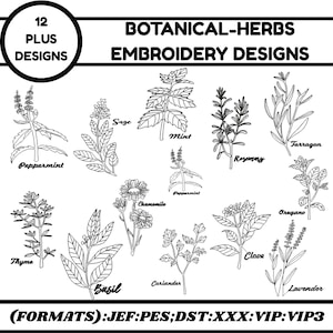 Può includere: Disegni a tratto in bianco e nero di varie erbe, tra cui menta piperita, salvia, menta, rosmarino e lavanda. Il testo "BOTANICAL-HERBS EMBROIDERY DESIGNS" è in alto. L'immagine include anche il testo "12 PLUS DESIGNS" e formati di file di ricamo.