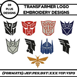 Könnte beinhalten: Eine Sammlung von neun Transformer-Logo-Stickmustern in verschiedenen Farben, darunter Schwarz, Rot, Grau und Blau. Die Designs zeigen verschiedene Transformer-Symbole und -Charaktere. Der Text "TRANSFORMER LOGO EMBROIDERY DESIGNS" wird angezeigt.