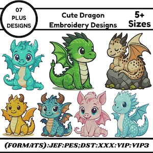May include: A collection of seven cute dragon embroidery designs in various colors, including blue, green, yellow, and pink. The image includes the text "Cute Dragon Embroidery Designs" and "5+ Sizes". The designs are available in multiple formats.