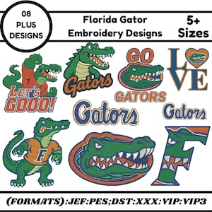 Peut inclure: Une collection de huit motifs de broderie Florida Gator avec des alligators verts, du texte orange et bleu, et des logos. L'image inclut le texte 08 PLUS DESIGNS, Florida Gator Embroidery Designs, 5+ Sizes, et (FORMATS):JEF:PES:DST:XXX:VIP:VIP3.