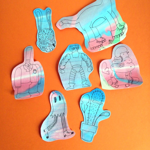 pack of 7 cute stickers on blue marbled paper, cactus, skate, rollerblade,cat,ghost
