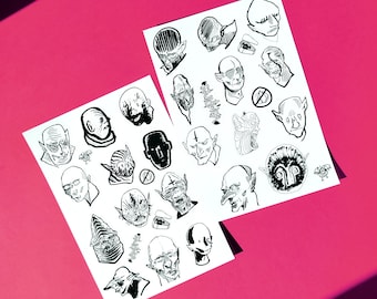Vampire Faces, black portraits of night creatures nosferatu. 2 sheets, 23 illustrations and 8 logos