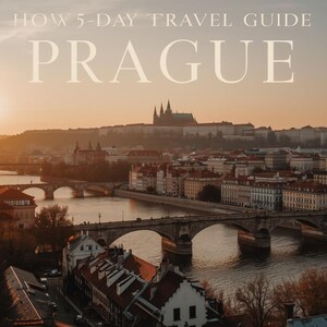 Pode incluir: Uma capa de guia de viagem com a palavra "PRAGUE" em fonte grande e elegante. O fundo é uma vista panorâmica de Praga ao pôr do sol, com pontes, edifícios e um castelo. O texto "HOW 5-DAY TRAVEL GUIDE" está acima do nome da cidade.