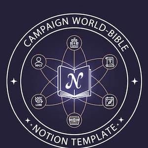 Puede incluir: Gráfico azul oscuro con texto e ilustraciones en blanco. El texto dice "CAMPAIGN WORLD-BIBLE" y "NOTION TEMPLATE". Un libro abierto central con la letra "N" está rodeado de iconos que representan PNJ, historia y otros elementos.