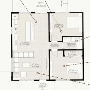 Peut inclure: Un plan de zonage détaillé du premier étage avec des zones étiquetées : cuisine, chambre, salle de bain, salon et porche. Le plan comprend des dimensions en pieds carrés et est accompagné d'images encastrées de chaque pièce. Le texte "Ataman Studio" est dans le coin supérieur gauche.
