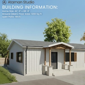 Pode incluir: Uma casa branca com telhado cinzento e persianas pretas. A casa tem uma varanda com suportes de madeira e uma porta preta. O texto na imagem diz "Ataman Studio" e "BUILDING INFORMATION: Tamanho da casa: 12,8m x 8,7m Área (principal): 111,5 m² pátio aberto: 15,3 m²".