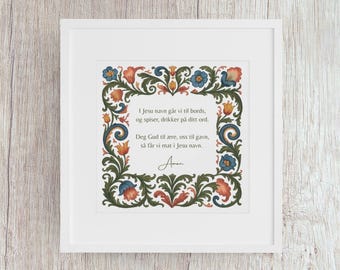 Norwegian Rosemaling Grace Folk Art Print, Scandinavian Christian Table Prayer Poster, Hygge Rosemaled Wall Art Gift, Nordic Decor Norway