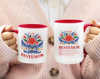 Taza noruega Bestemor - Rosemaling Design Grandma Mug de Noruega, Regalo para abuelos, Pintura popular, Bestemor Nordic Decor Coffe Mug