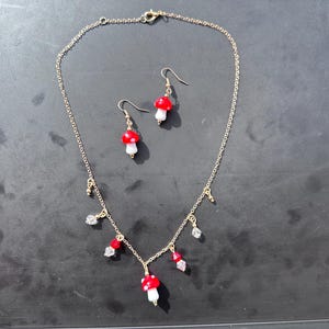 Magic Mushroom Necklace + Earring combo | gold, red, white
