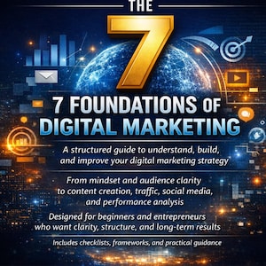 Peut inclure: Image promotionnelle pour "Les 7 Fondements du Marketing Digital". L'image présente un chiffre 7 doré, un globe et des icônes de marketing numérique. Le texte décrit un guide structuré pour comprendre, construire et améliorer votre stratégie.
