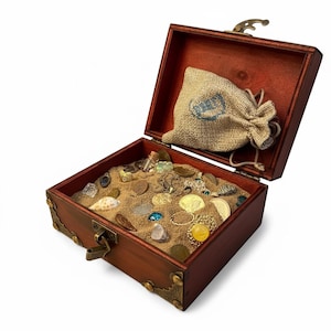 Könnte beinhalten: Geöffnete hölzerne Schatzkiste gefüllt mit Sand, Münzen, Schmuck und einem kleinen Leinensack. Die Truhe ist dunkelrotbraun gebeizt und hat Messing-Ecken und einen Verschluss. Der Inhalt umfasst verschiedene Gold- und Silbermünzen, Halsketten und Edelsteine.