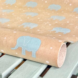 Wrapping Paper Baby Blue Elephant 50CM Wide Eco Friendly, 100% Recycled Kraft | Recyclable, Sustainable, Plastic Free Gift Wrap