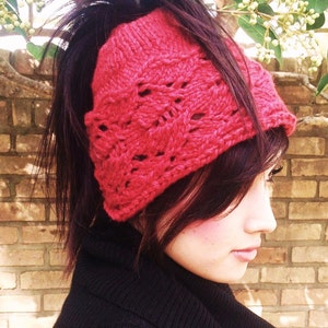 Ponytail Hat KNITTING PATTERN,knitting pattern messy bun hat,cables,knit hat,red,chunky knit,gift for her,openwork,lace,headwrap,chunky yarn
