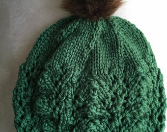 Knitting Pattern chunky knit beanie,women,chunky knit hunter green beanie,chunky knit openwork hat, teen girls,wool winter hat,girls