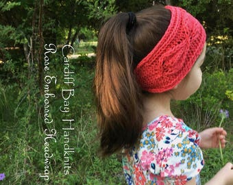 Girls knit headwrap,knit earwarmer,girls knit headband,summer headwrap,custom knit,cabled headband,rosebud embossed,messy bun,coral,red,knit