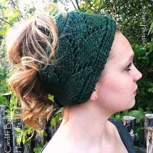 KNITTING PATTERN women's ear warmer,messy bun knit pattern,knit headband,head wrap,openwork,green,gray,buttoned,teen girls,gift for her