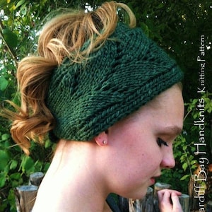 KNITTING PATTERN Knit Head Wrap,Knit Ear Warmer,knit headband,lace,openwork,green,gray,aran weight,buttoned,teens,women,gift for her