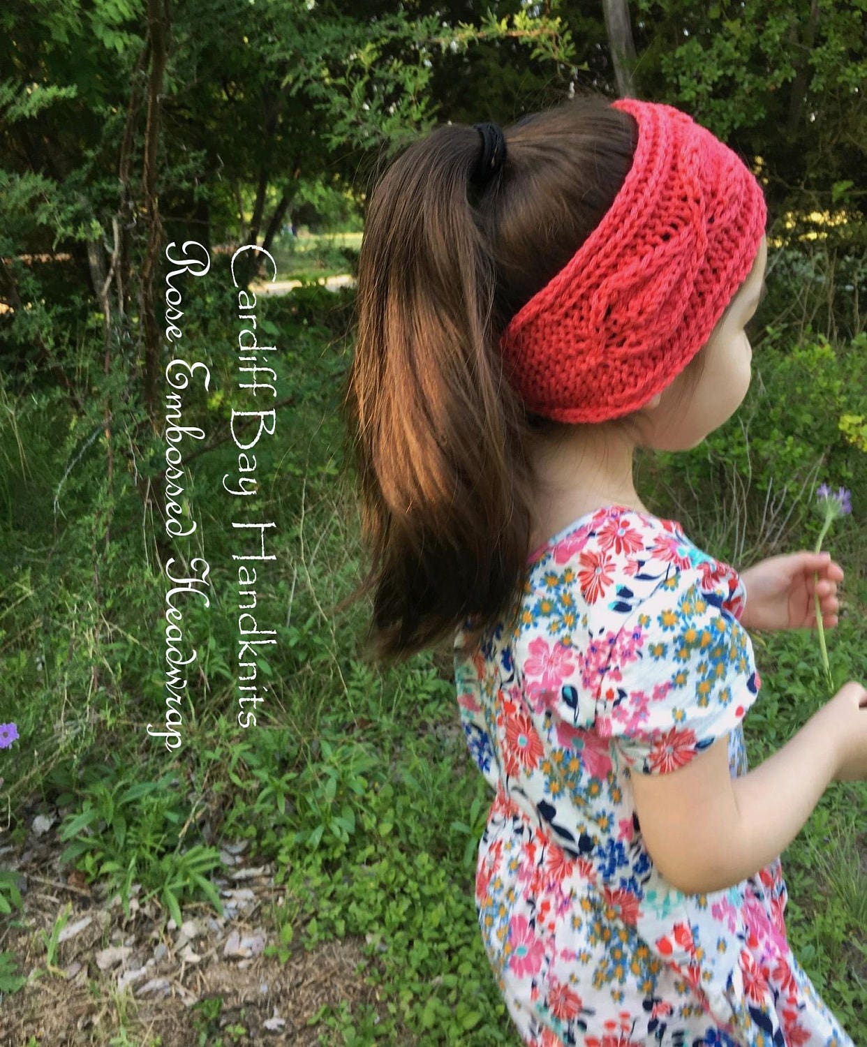 Girls knit headwrap,knit earwarmer,girls knit headband,summer headwrap,custom knit,cabled headband,rosebud embossed,messy bun,coral,red,knit