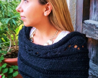 Shoulder wrap Knitting Pattern,alpaca wrap knitting pattern,lace,knit shawl pattern,black,chunky knit,openwork,ribbed,black,gift for her