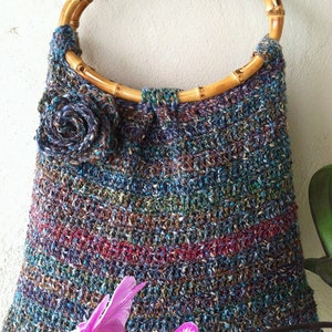 CROCHET PATTERN,crochet handbag,crochet purse,bamboo handles,pleated,summer handbag,resort,women,easy to crochet, summer,blue,stripes,bag