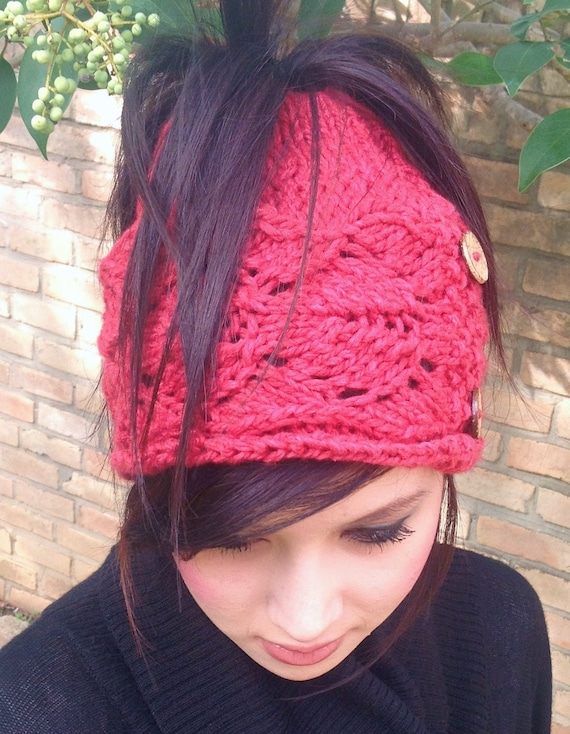 Handmade Hand Crafted Knit Messy Bun Hat adult/teen size red KNITTING PATTERN Ponytail Hat,messy Bun Hat,teens,women Knit  main image 3