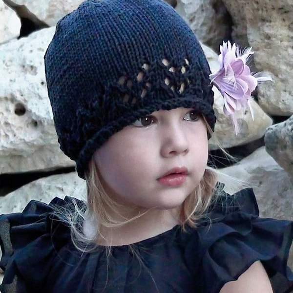 KNITTING PATTERN girls knit hat,girls lace hat,eyelets,pattern,girls,baby,toddler,openwork,eyelets,spring beanie,black