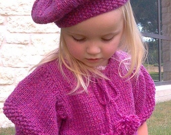 Knitting Pattern girls poncho,toddler girls knit poncho,girls knit beret,kimono sleeves, pom poms,easy to knit,chunky knit, fuschia,gift set