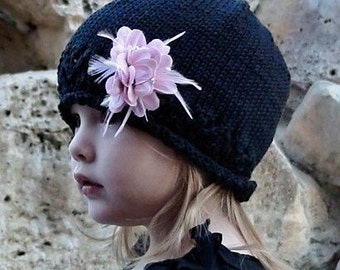 KNITTING PATTERN girls knit hat,black,knit lace hat, eyelets, beanie,rolled edge,cap,toddler,girls,pink and black,cotton,spring,baby,flower