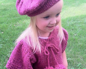 Knitting Pattern Girls Knit Poncho,knit capelet,Beret,pattern,toddler girls,pom poms,kimono sleeves,gift set,easy to knit,chunky knit,pink